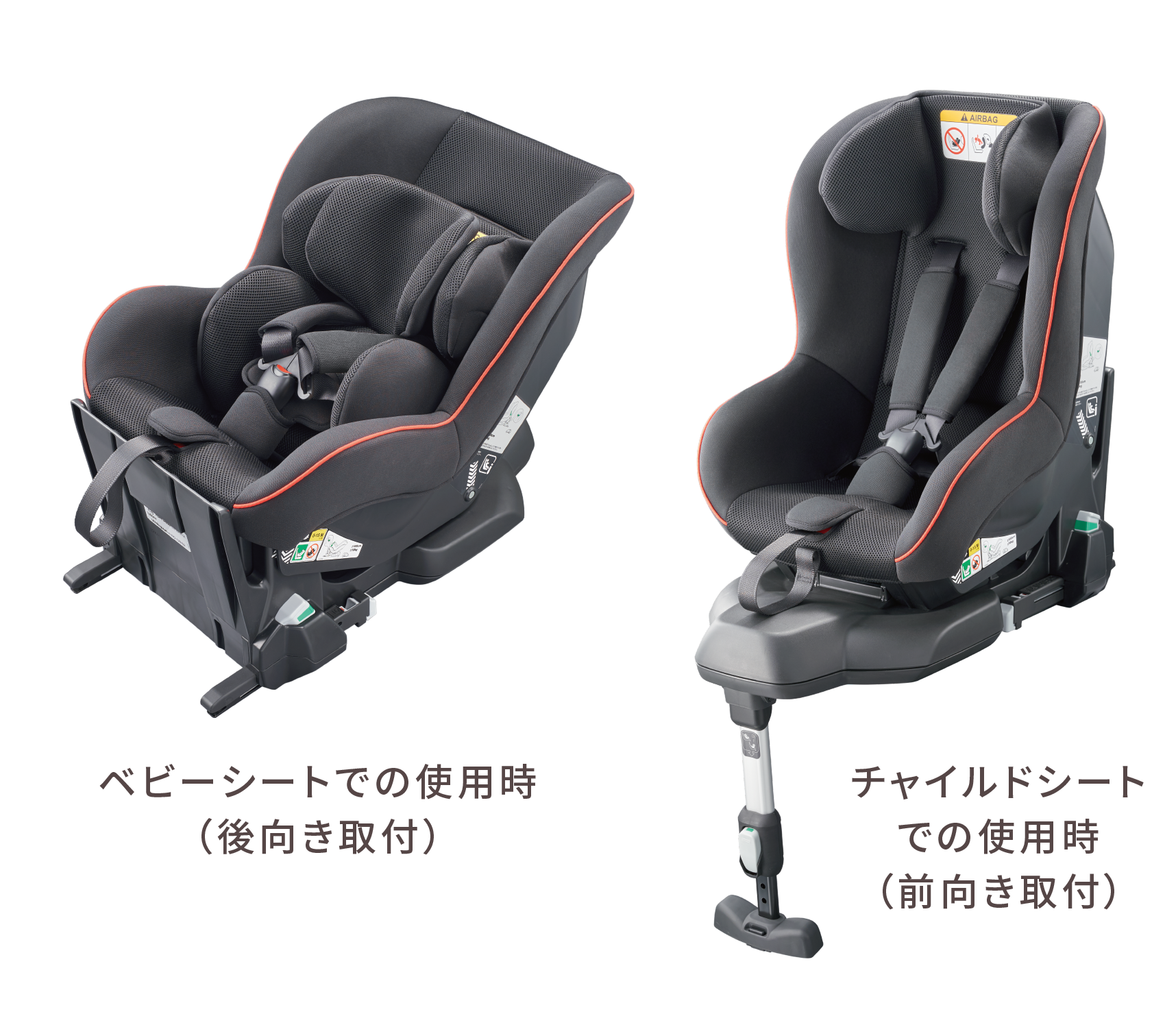 ベビーシートでの使用時(後向き取付) チャイルドシートでの使用時(前向き取付)