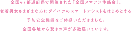 全国47都道府県で開催された「全国スマアシ体感会」。老若男女さまざまな方にダイハツのスマートアシストをはじめとする予防安全機能をご体感いただきました。全国各地から驚きの声が多数届いています。