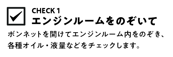  ボンネットを開けてエンジンルーム内をのぞき、各種オイル・液量などをチェックします。