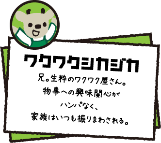 ワクワクシカジカ 兄。生粋のワクワク屋さん。物事への興味関心がハンパなく、家族はいつも振りまわされる。