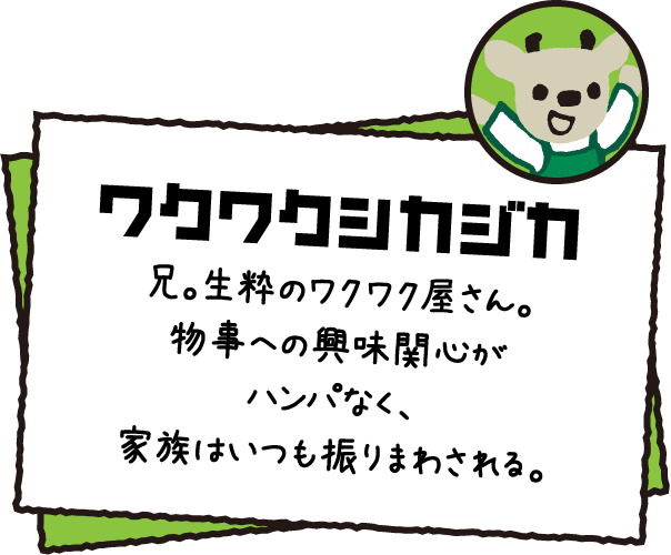 ワクワクシカジカ 兄。生粋のワクワク屋さん。物事への興味関心がハンパなく、家族はいつも振りまわされる。