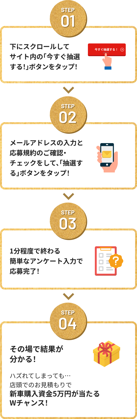 Step01 下にスクロールしてサイト内の「今すぐ抽選する!」ボタンをタップ！STEP02 メールアドレスの入力と応募規約のご確認・チェックをして、「抽選する」ボタンをタップ！ STEP03 1分程度で終わる簡単なアンケート入力で応募完了！​ STEP04 その場で結果が分かる！ 
