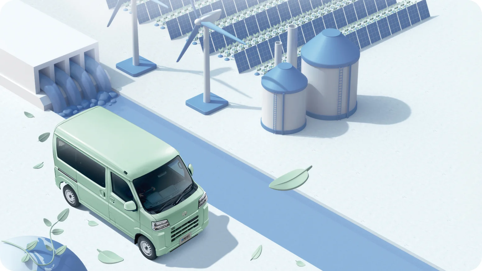 画像：葉が落ち、側で川が流れている道路を走行するe-ハイゼット カーゴ 4シーター