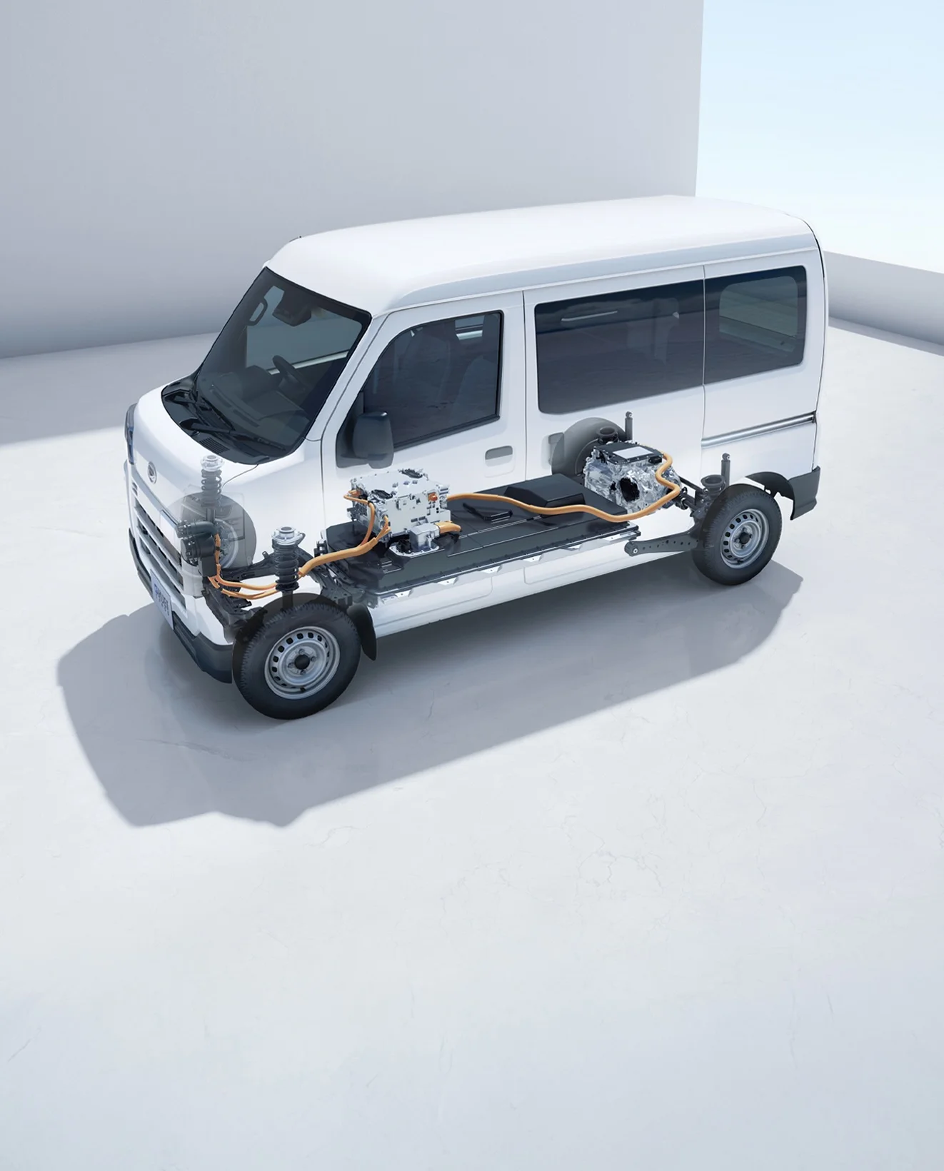 画像：e-SMEARTの装備が透けて見えているe-ハイゼット カーゴの車体