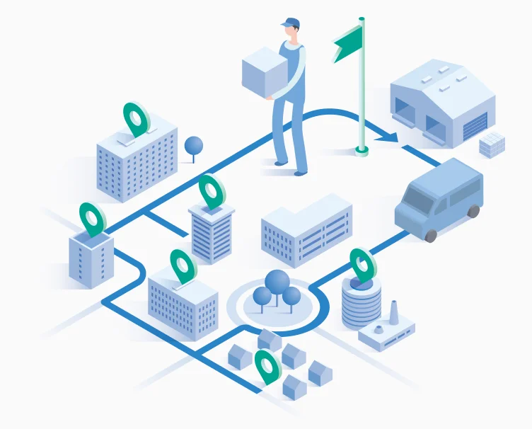 イラスト：配達員が街中に荷物を届ける様子