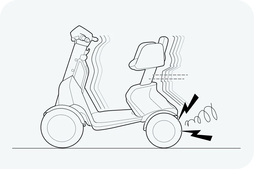 イラスト:走行中のe-SNEAKERのタイヤから異音がし、スムーズに加減速しない状態