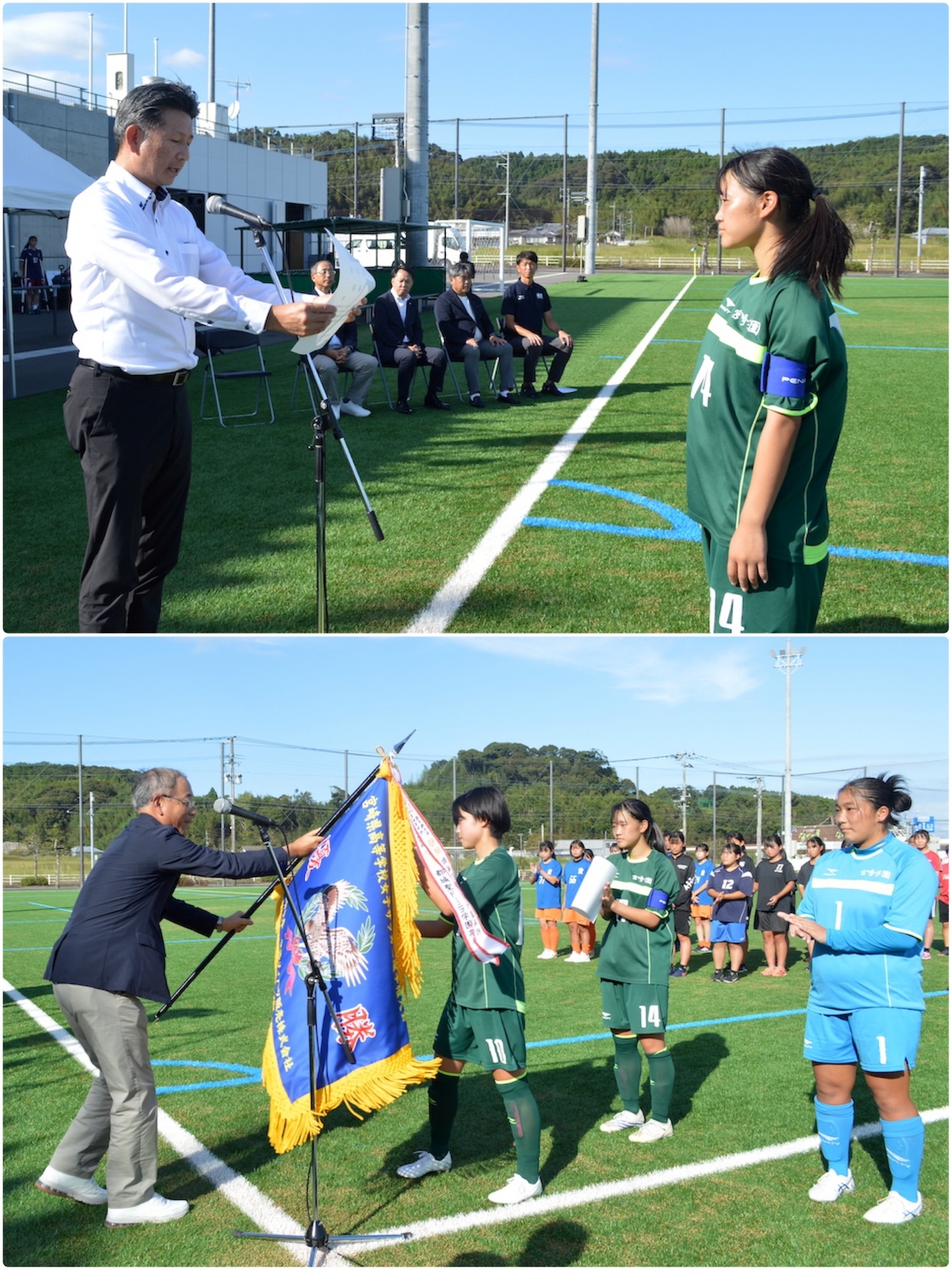 優勝した宮崎学園と準優勝の都城聖ドミニコ学園、3位の日大・妻がそれぞれ表彰されました