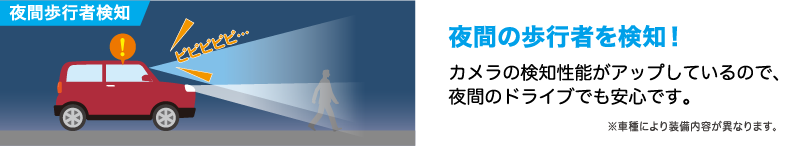 夜間の歩行者を検知！新ステレオカメラの搭載で、夜間の歩行者の検知が可能になりました。※車種により装備内容が異なります。