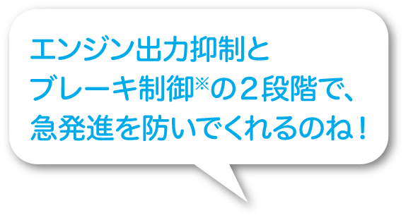 エンジン出力抑制とブレーキ制御の2段階で、急発進を防いでくれるのね！。