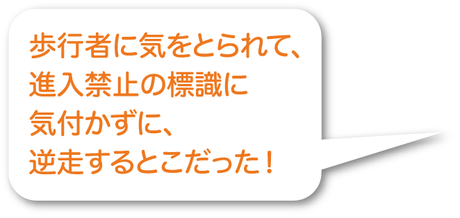 歩行者に気をとられて、進入禁止の標識に気付かずに、逆走するとこだった！