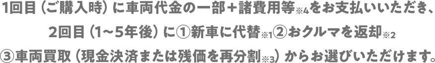 1回目（ご購入時）に車両代金の一部＋諸費用等※4をお支払いいただき、2回目（1～5年後）に ①新車に代替※1②おクルマを返却※2③車両買取（現金決済または残価を再分割※3）からお選びいただけます。